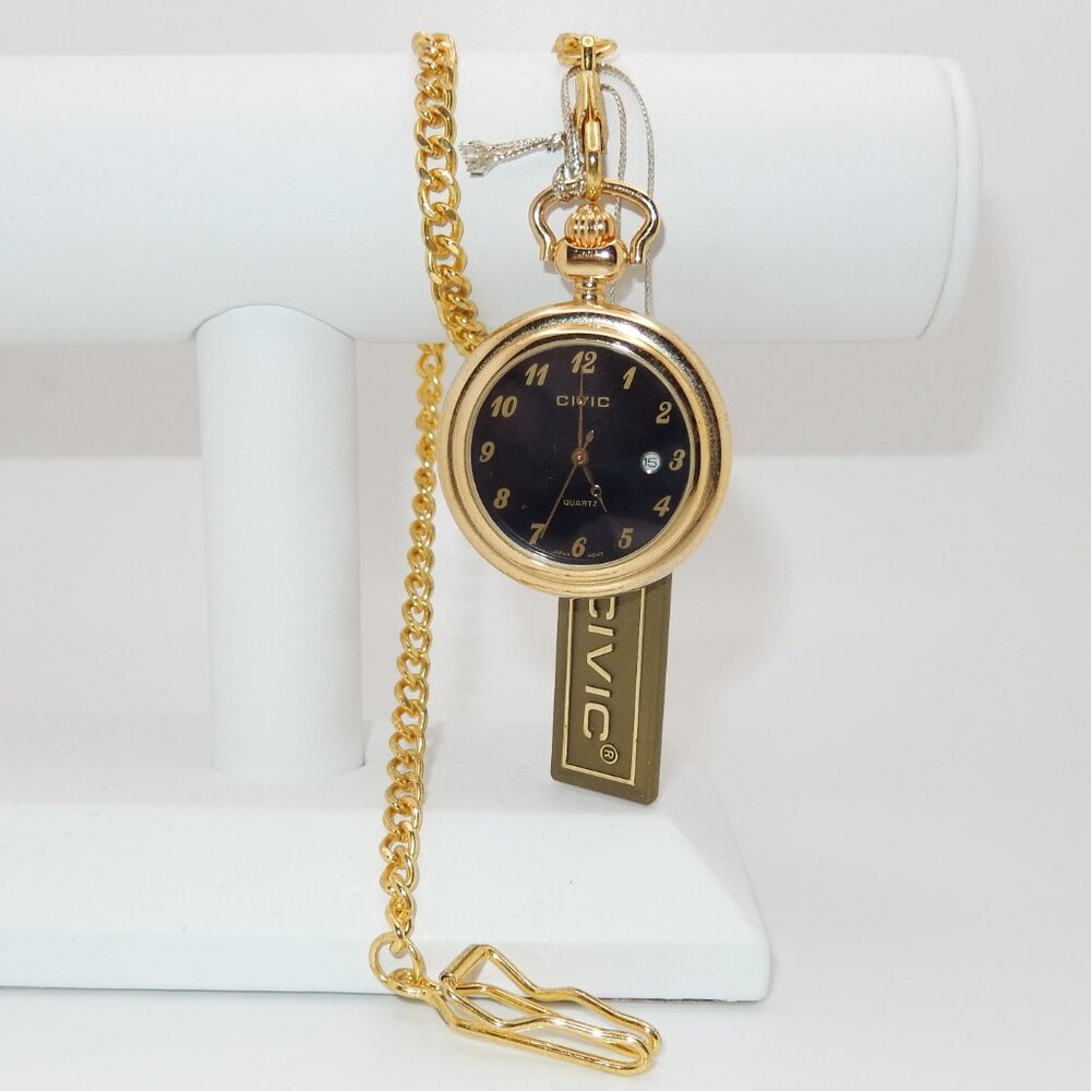 Civic Gold Tone Pocket Watch with 15" Chain / Brand New - No Papers / Open Face